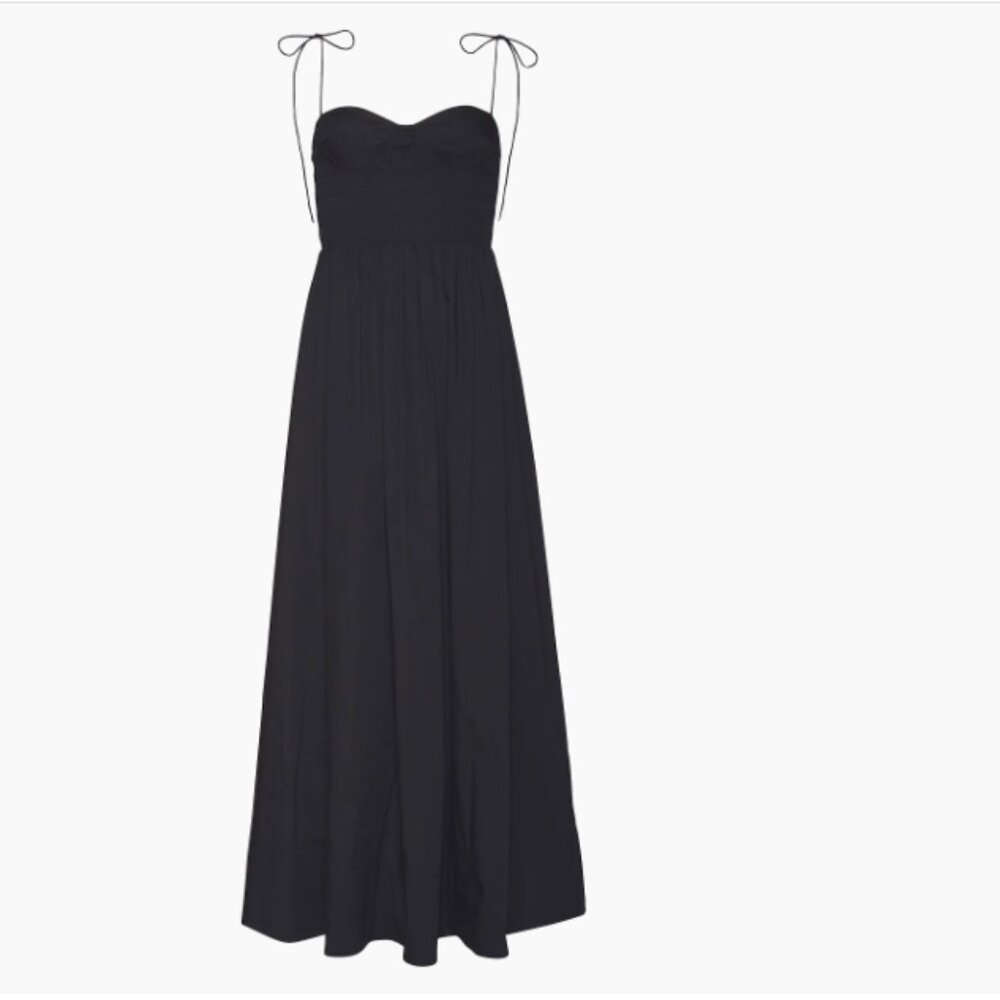 Staud Black Landry Shoulder-Tie Smocked Maxi Dress - Medium